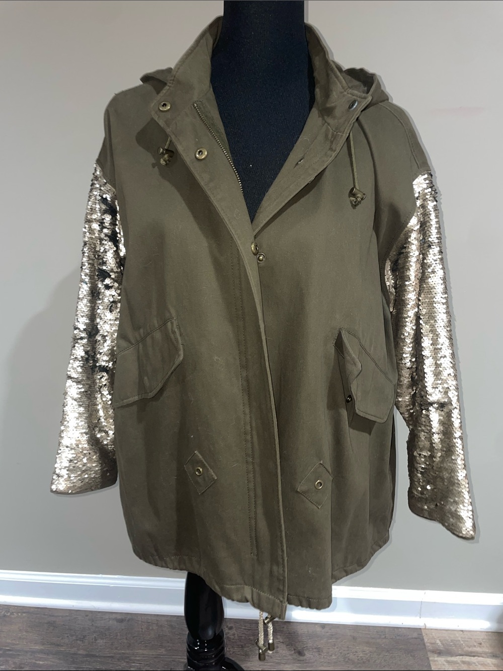 Zara Olive Utility Jacket with Silver Sequin Sleeves
